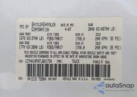 2007 Dodge Ram 1500 Slt z USA, uszkodzony, nr VIN 1D7HA18P07J601734